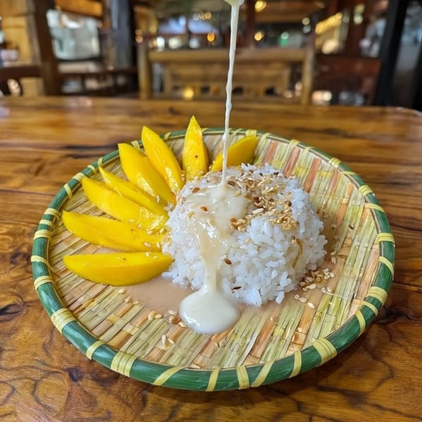 Thai mango sticky rice dessert with coconut milk being poured over, served on a woven plate.