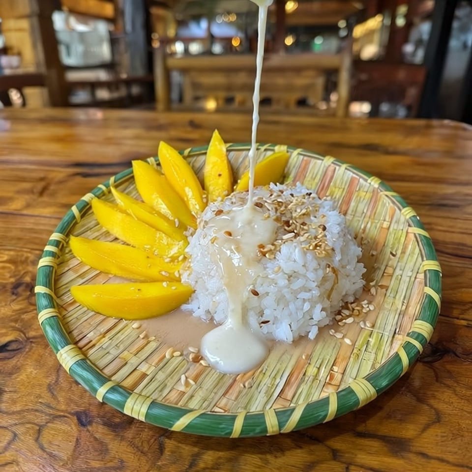 Thai mango sticky rice dessert with coconut milk being poured over, served on a woven plate.